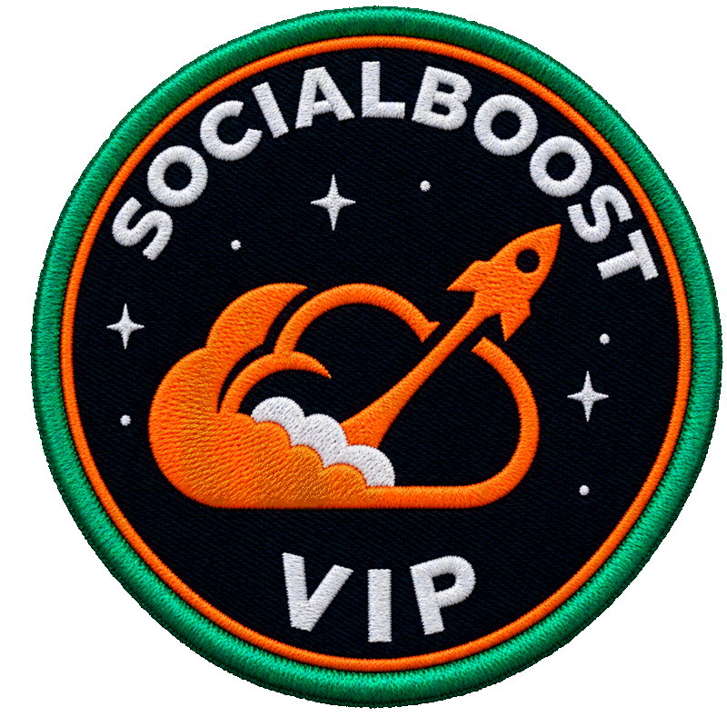 SocialBoost VIP mission patch: the rocket mark, ringed in green and orange.